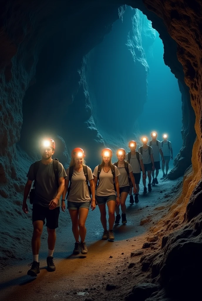 Ten students in Alison Cave, five man, 5 girls wearing helmets with lights on their foreheads, T-shirts and shorts.
