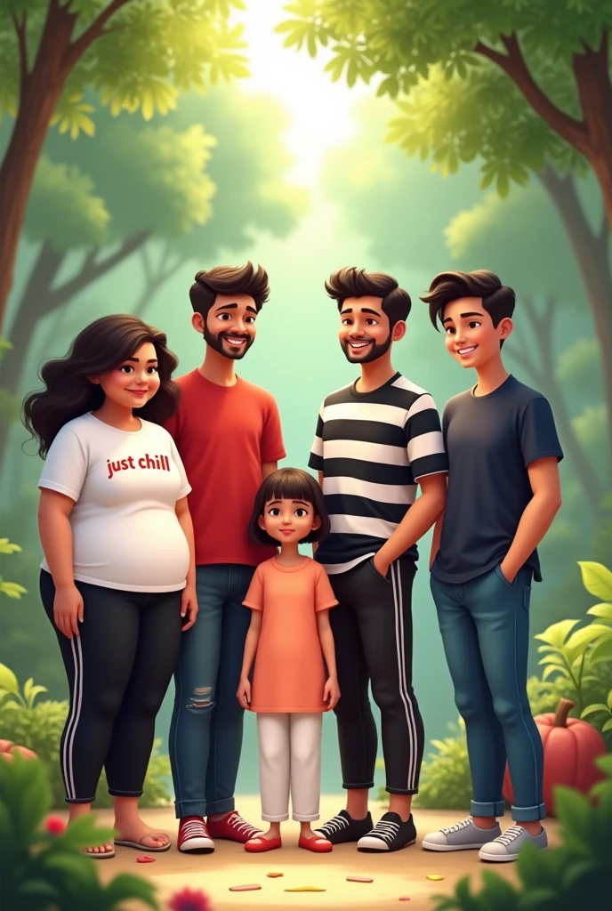 There are 5 group of friends first girl is chubby and wear white tshirt on shirt ( just chill) was printed in red colour second girl have small round face ware peach kurti and white pajama and first boy is taller than every one and wear balck and white tshirt and black track pant and seond boy wear red tshirt and blue jeans and thrid boy wear dark blue shirt and black jeans