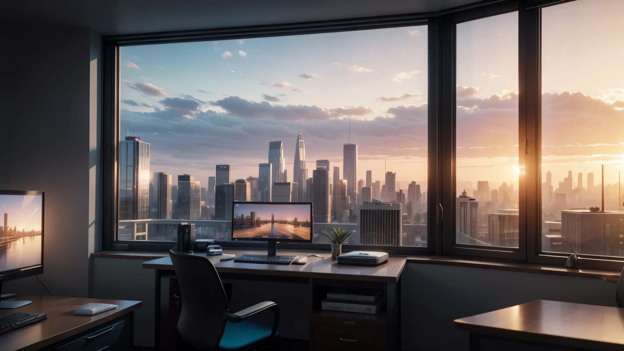arafed view of a city from a window with a desk and chair, a computer rendering inspired by Beeple, shutterstock, computer art, 8k computer render, vray 8k render, lumion 8 k uhd, realistic 8k render, large computer monitor, 8k vray render, 8k hdr sunset lit