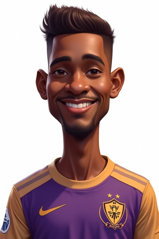 A caricature of a person, the person is a 3 man named Chidiebere Nwakali, wearing a club jersey called Al-Diriyah Club, the Al-Diriyah Club jersey is a gradient of purple mixed with brown and does not cover the Club Logo, and next to it is Al-Diriyah Club , his hair is cut in a Burst Fade Haircut with his hair color is brown, his face looks like a Saudi Arabian man, his skin is brown and half of his body and body are not too tall, don't wear accessories, the background is plain white,