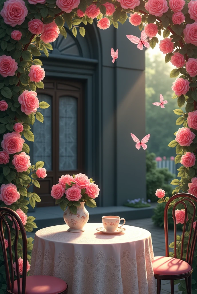Design a charming and romantic outdoor café scene set against a backdrop of a dark, elegant building with large windows framed by delicate lace curtains. The small, round table is covered with a vintage lace tablecloth, topped with a simple bouquet of pink roses in a glass vase. Two cups and saucers are set on the table, inviting a quiet moment of relaxation. Surrounding the scene are lush, blooming rose vines in shades of pink, creating a cozy and enchanting atmosphere. A single butterfly flutters near the flowers, adding a touch of liveliness to this peaceful, picturesque setting."
This prompt should capture the beauty and serenity of the scene.
ChatGPT can make mistakes. Check important inf