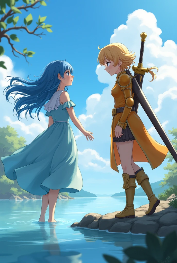 2 girls, one is fucked up the other is fucked up,the first one to let herself into the water, another one stands with a big sword, anime, dress, beauties, the first girl with blue hair, the second one and golden hair, первая в голубом нежном dress, the second one in light orange armor with a sipa to the back