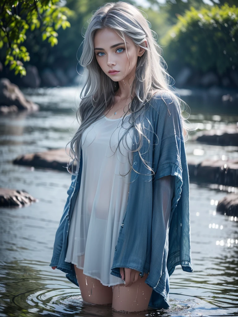 8k, (full body shot:1.2), 20-year-old swedish girl, raw, Beautiful woman, (straight gray hair), (ultra transparent, loose summer clothes, long shirt, long dress, outdoor, upper body, colorful summer clothes, varied colours, ((bright sunshine)), warm clothes, wet clothes, ((soaked)), ((drenched)), ((dripping wet)), excited, wet hair, wet and slimy, standing with her side to camera watching camera over her shoulder, submerged, translucent,), intricate, beautifull face, elegant, highly detailed, digital hyperrealistic photography, hyperrealistic photography filigree, shyness, most beautyfull face, (masterpiece, sidelighting, (finely detailed beautifull blue eyes: 1.2)),