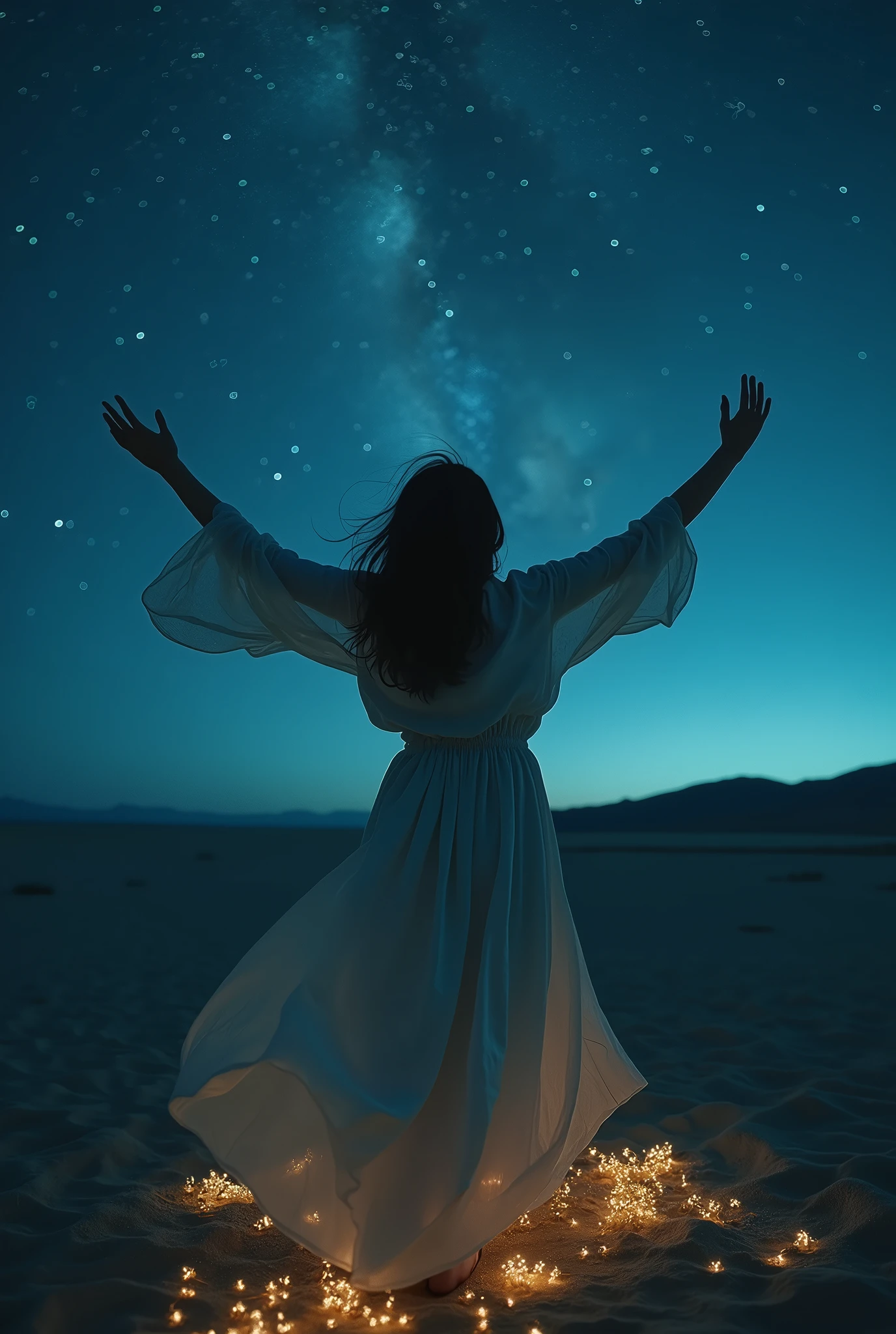 Top quality, high resolution, movie poster, one of a kind photographs taken by a master photographer. A mesmerizing cinematic realistic photograph of a young woman standing in a desolate landscape, reaching her hands up towards the night sky. Behind her lies a vast barren land, and the sky is filled with countless stars. Her eyes sparkle in the starlight, and her hair wafts as if blown by a gentle breeze. As she stretches her arms out wide, tiny glowing flowers blossom at her feet, creating a trail of glowing light. This powerful image evokes a sense of longing and connection, reminding us that even in the harshest environments, a distant light can inspire hope and new growth.