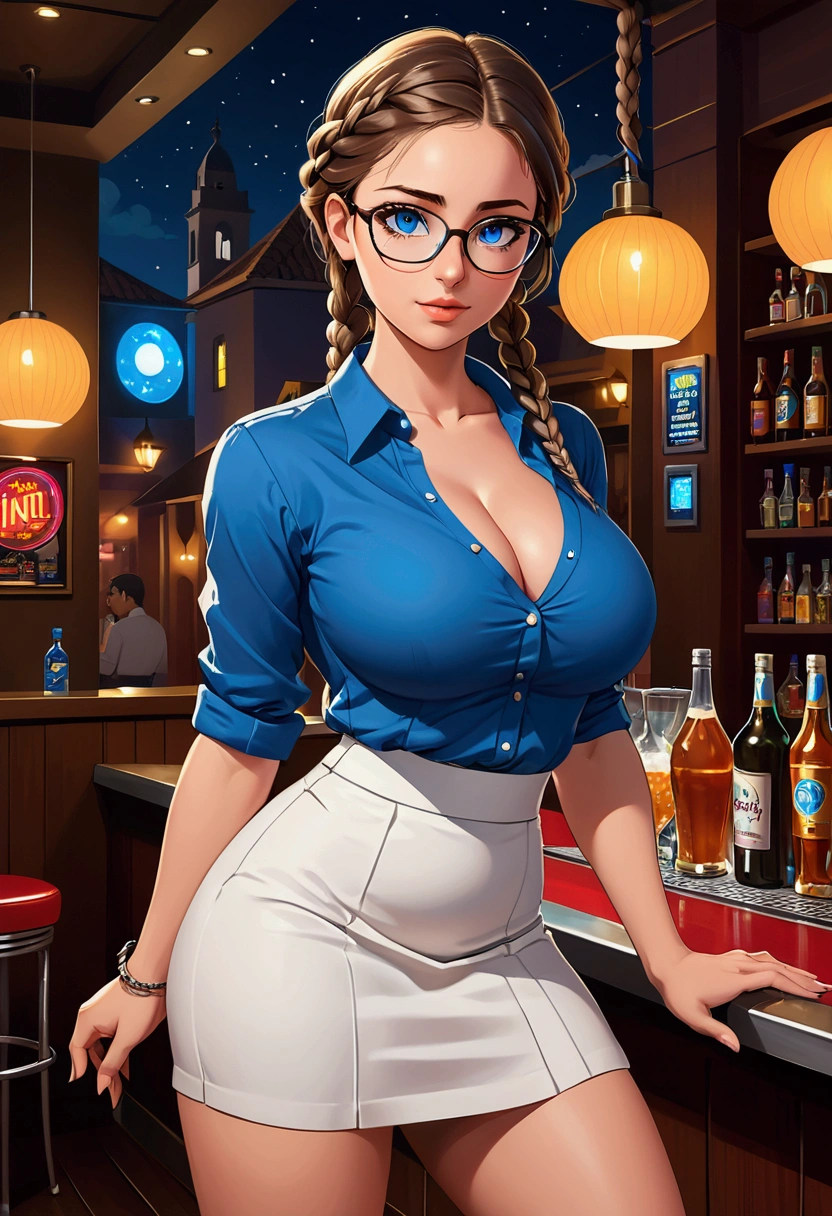 20 years old woman, Short brown hair, Mediterranean with blue eyes, Generous and heavy breasts, slender waist, definition of l'estomac, fesses rebondies et pulpeuses, naturally curved, muscular thighs, aguicheuse , blue eye, lunettes, in night-club, White Skirt, blouse , plated braids