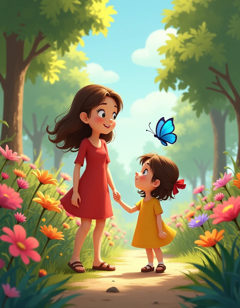 A girl in a yellow dress, loose brown hair, con lazo rojo en la cabeza y brown sandals, sees a blue butterfly flying near a flower and is surrounded by trees and many colorful flowers, pink, abodes, orange and green. and her mom in a red dress, brown sandals, loose brown hair, talking to him.