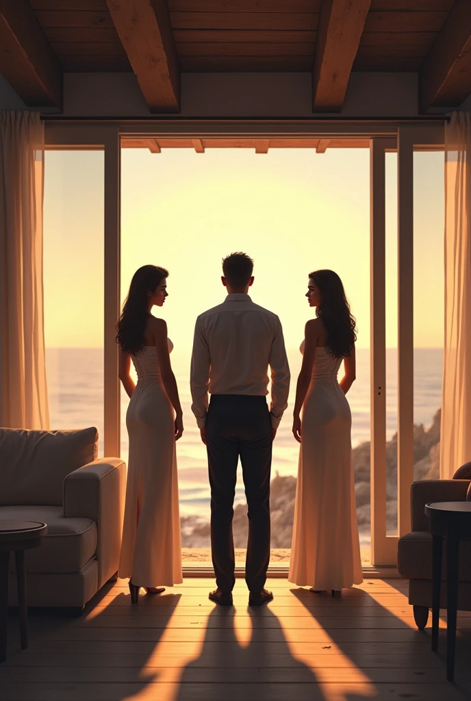 3 tall women with their backs turned, a man in front of them in a beach house