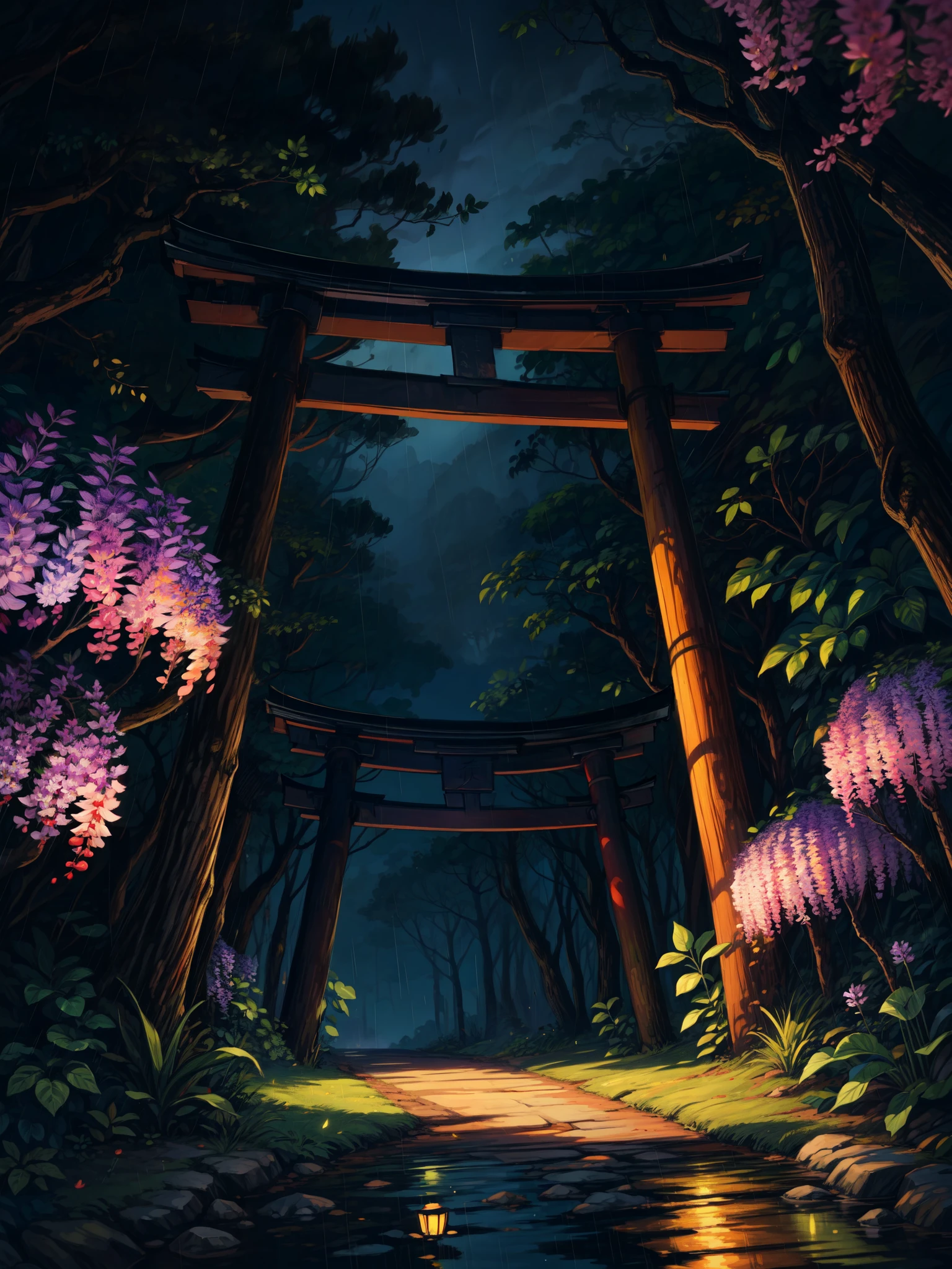 wide view, torii, Japanese forest, dense wisteria trees, day light, rain, reflection, tropical leafy plants, light shine on part of foliage, micro landscape, intrinsic details, dark, night time, micro landscape, intrinsic details