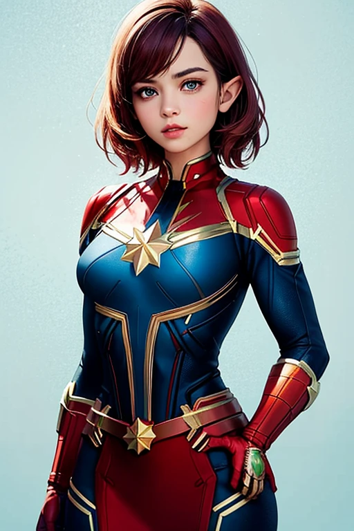 ((best quality)), ((masterpiece)), (detailed), 1girl,cute girl,red hair,elf, medium breast, proportional body,captain Marvel