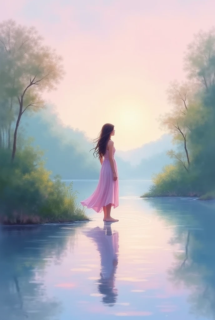 Serene Woman by the Water: A peaceful scene featuring a woman standing at the edge of a calm lake or river, her gaze fixed on the horizon. The water reflects the soft light of a setting sun, casting golden and pink hues across the surface.
Impressionistic Style: The painting is created with loose, expressive brushstrokes, capturing the movement of the water and the play of light. The impressionistic style gives the scene a dreamlike, almost ethereal quality.
Flowing Dress: The woman is dressed in a flowing, light dress that gently moves with the breeze, blending harmoniously with the colors of the water and sky. The fabric is semi-transparent, adding a delicate, airy feel to the composition.
Pastel Color Palette: Soft, pastel tones dominate the scene, with shades of lavender, blush pink, and pale blue. These colors create a tranquil and soothing atmosphere, evoking feelings of calm and contemplation.
Natural Beauty: The surrounding environment is lush with greenery, softly blurred to keep the focus on the woman and the water. The landscape is painted with a gentle touch, highlighting the harmony between the woman and nature.
Reflections and Light: The water reflects the woman's figure and the sky, creating a mirrored effect that adds depth and dimension. Light plays a crucial role, with warm, diffused rays illuminating the scene and creating a sense of warmth and serenity.
Graceful Pose: The woman's posture is relaxed and graceful, with a sense of quiet introspection. Her hair flows freely, possibly caught in a gentle breeze, further enhancing the sense of natural beauty.
These keywords and elements should create a serene and beautiful NFT that captures the essence of a woman in harmony with nature, all through the lens of traditional painting techniques.