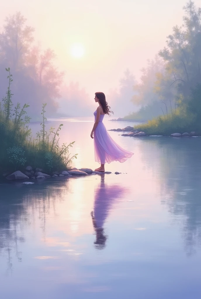 Serene Woman by the Water: A peaceful scene featuring a woman standing at the edge of a calm lake or river, her gaze fixed on the horizon. The water reflects the soft light of a setting sun, casting golden and pink hues across the surface.

Impressionistic Style: The painting is created with loose, expressive brushstrokes, capturing the movement of the water and the play of light. The impressionistic style gives the scene a dreamlike, almost ethereal quality.

Flowing Dress: The woman is dressed in a flowing, light dress that gently moves with the breeze, blending harmoniously with the colors of the water and sky. The fabric is semi-transparent, adding a delicate, airy feel to the composition.

Pastel Color Palette: Soft, pastel tones dominate the scene, with shades of lavender, blush pink, and pale blue. These colors create a tranquil and soothing atmosphere, evoking feelings of calm and contemplation.

Natural Beauty: The surrounding environment is lush with greenery, softly blurred to keep the focus on the woman and the water. The landscape is painted with a gentle touch, highlighting the harmony between the woman and nature.

Reflections and Light: The water reflects the woman's figure and the sky, creating a mirrored effect that adds depth and dimension. Light plays a crucial role, with warm, diffused rays illuminating the scene and creating a sense of warmth and serenity.

Graceful Pose: The woman's posture is relaxed and graceful, with a sense of quiet introspection. Her hair flows freely, possibly caught in a gentle breeze, further enhancing the sense of natural beauty.

These keywords and elements should create a serene and beautiful NFT that captures the essence of a woman in harmony with nature, all through the lens of traditional painting techniques.