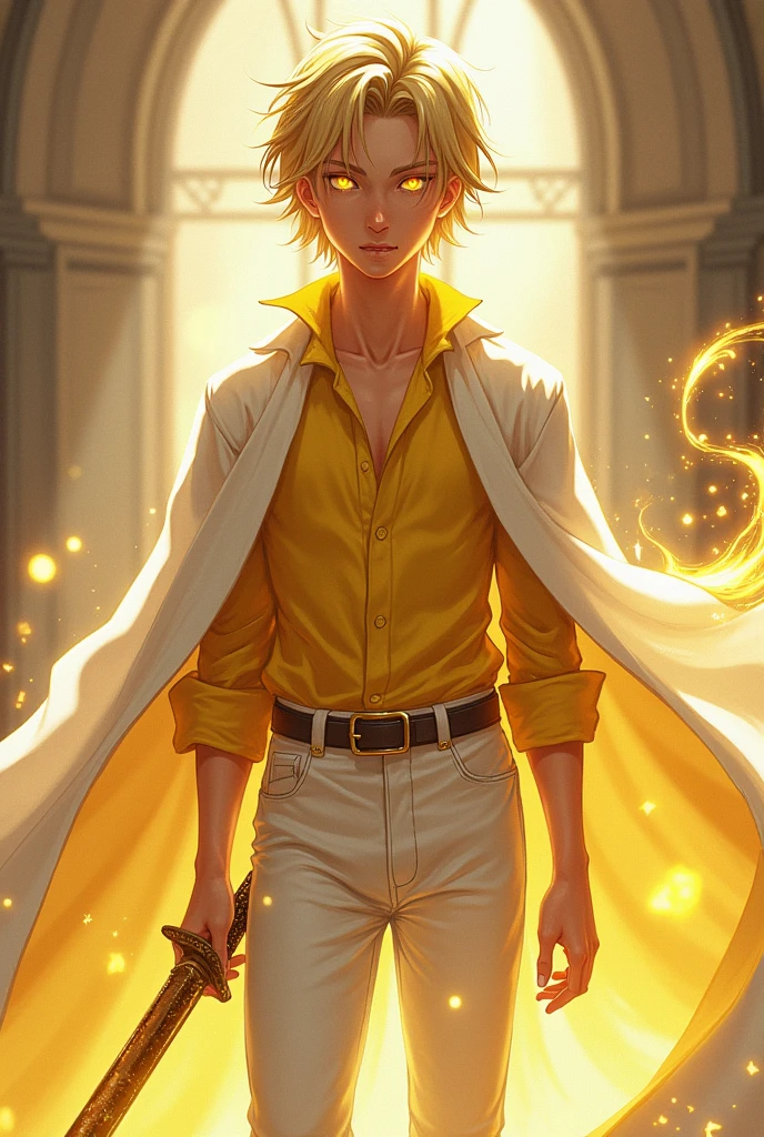 handsome boy with blonde long straight hair, yellow shirt, white jean, holding gold katana, white goldly robe, yellow glowing eyes, star iris on his eye.