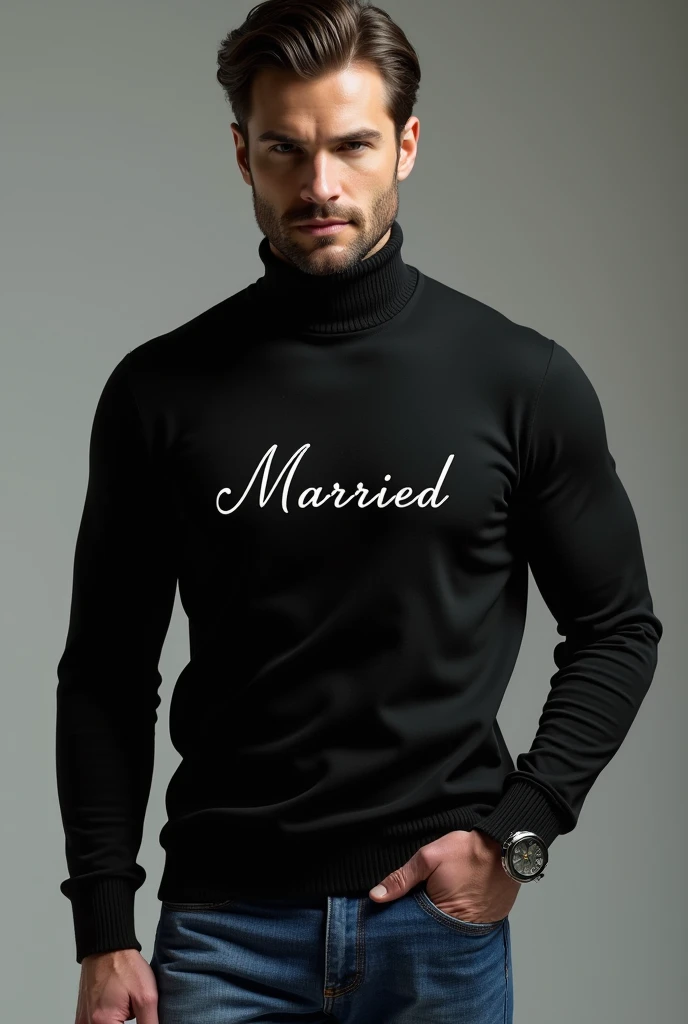 Male character black turtleneck shirt with married name on shirt blue jeans in Portuguese