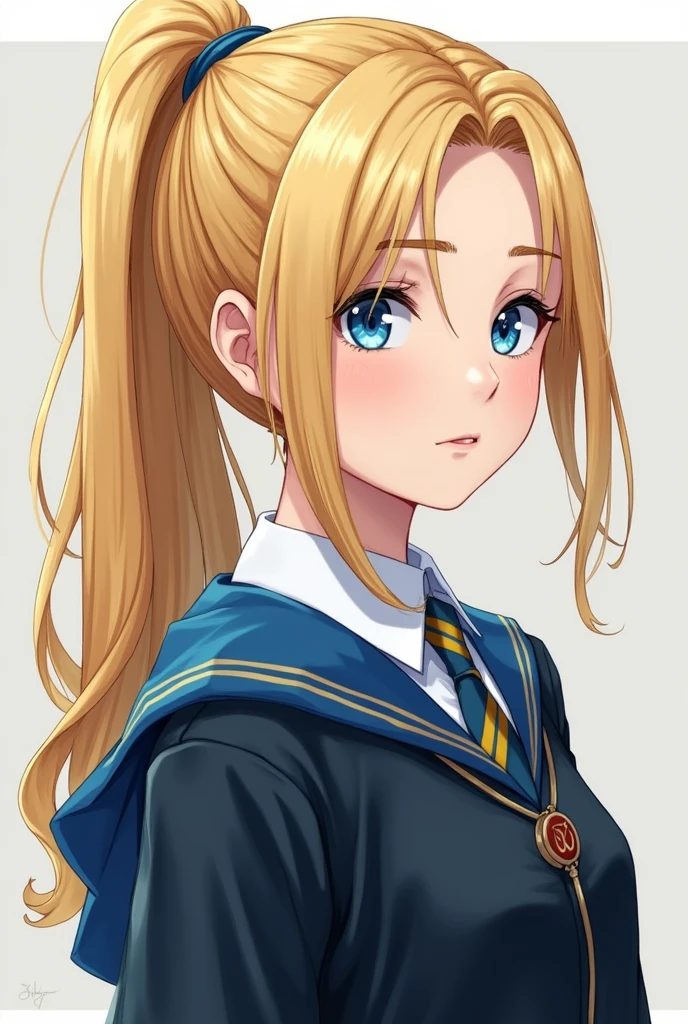 Profile picture, straight face, Hogwarts student, girl, hair styled in a pulled-back ponytail, white skin, bright blonde hair. She has sea blue eyes and is a Ravenclaw in Hogwarts