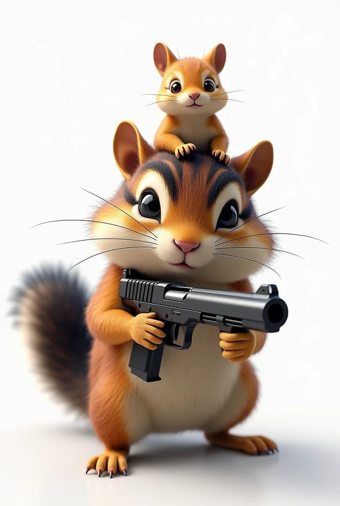 (masterpiece, best quality, ultra detailed, 8k, photorealistic, hyperrealistic photo), A chipmunk is riding with a gun, A tiny Yuzu is sitting on the chipmunk&#39;s head, (The chipmunk has three lines of dark hair on its head.), Background is white,