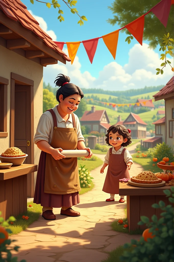 The Martin family is busy preparing for the Harvest Festival. Mama Ellen is in the kitchen, rolling dough and baking pies. Papa John is outside setting up wooden stalls, and Lily is hanging colorful banners and decorations in the village square.
Sam’s Tall Tale: