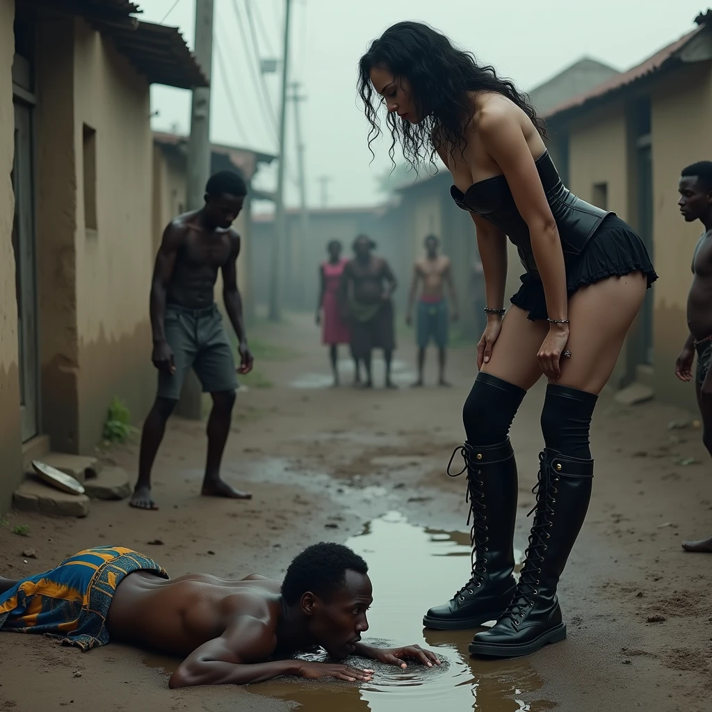 A thin, malnourished African man, lying face down, drinks dirty water from a muddy puddle. a famous, elegant, arrogant and mean white woman, dressed in a gothic corset, black wavy hair, thigh high socks, conbat boots, stands on top of the African man and spits into the puddle to humiliate the man. The man is ccrawling face down, putting his mouth into the puddle. There is spit hanging off the woman's mouth. The man cries and in the background you can see beggars suffering.