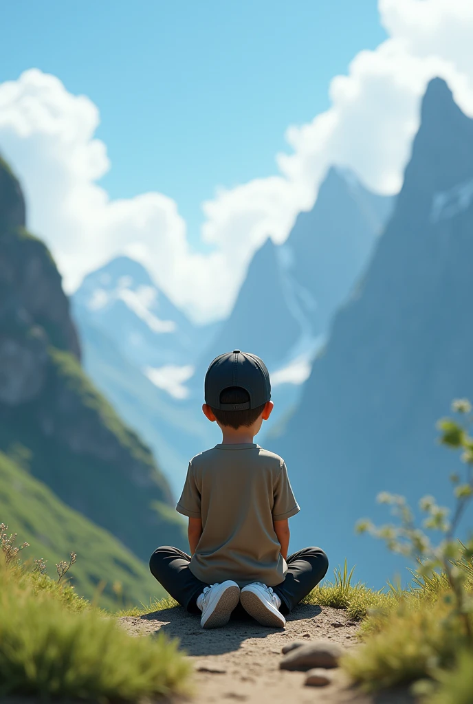 (photorealism:1.2), a boy sit in beautiful place wear cap and black pant with white shoes.in background their is many mountain