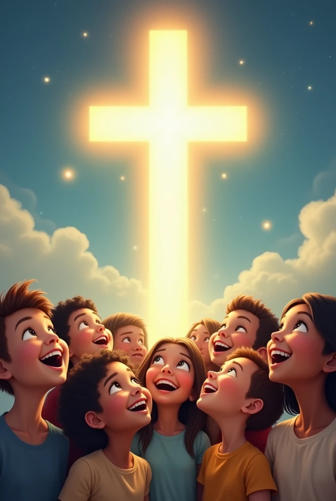 Happy children looking at the cross the cross of light above the children of different skin colors.
Clear Background