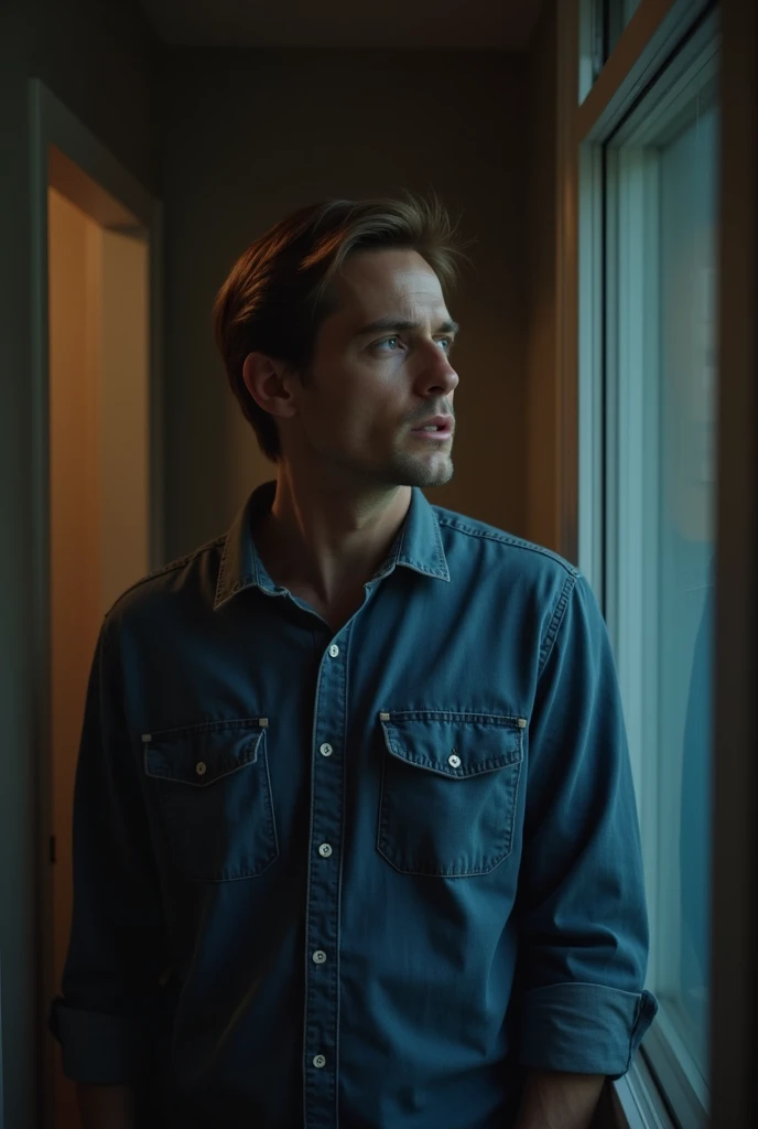 a tender moment of revenge, a white skin husband in his mid-30s, with gentle facial features with no hairy beard on face, warm skin tones, and standing looking outside the window, the husband's light brown hair neat combed, he wears comfortable, earthy-toned clothing, the husband's faded blue denim shirt, conveying a sense shocked, the background is dim, the entire scene radiating panic, suspicious and scared.