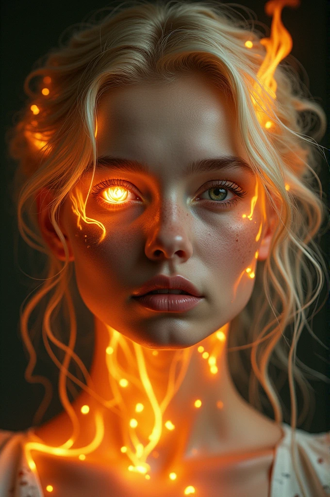 Profile of a blonde girl from the neck up. Flames come out of her neck and turn into roots around her face, and a lotus flower is created in her eye. 