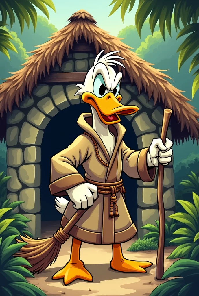 Create a detailed cartoon image in a vintage, adventure style. The scene features an anthropomorphic duck with an expressive face, wearing a simple, worn-out robe with a rope belt. The duck is standing in front of a small rustic hut made of stone and wood, with a thatched roof, set in a jungle environment. The duck is holding a broom or staff, looking determined and slightly angry. The art style should have bold, well-defined outlines and exaggerated features, reminiscent of classic comic book illustrations.