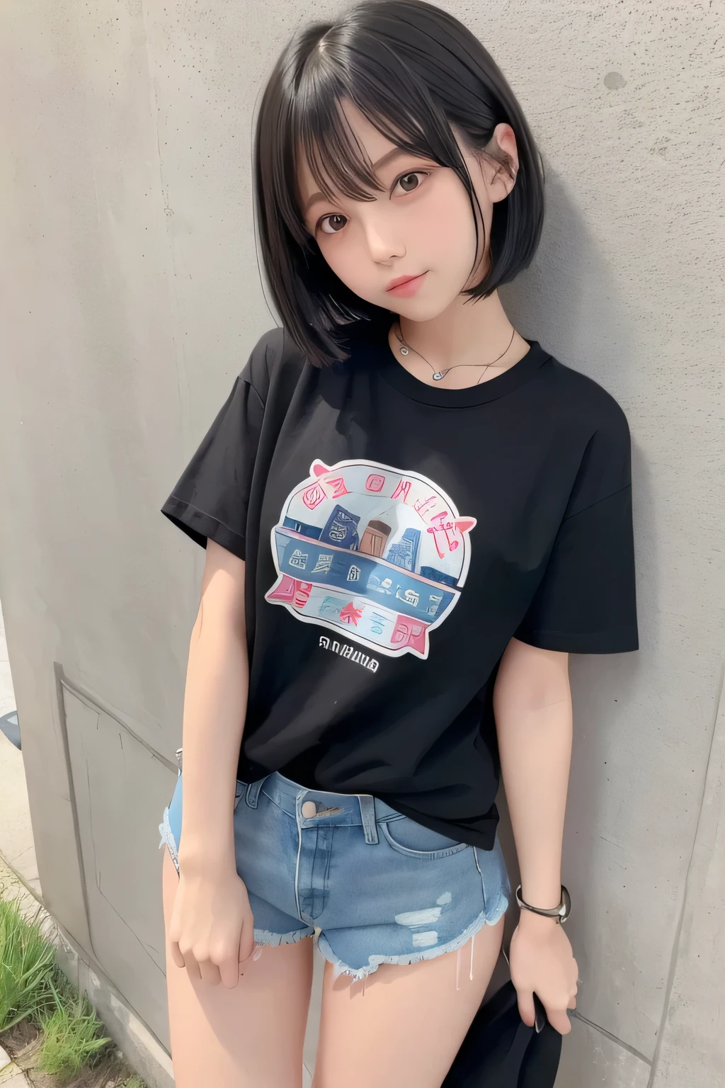 Extremely short, tight, and skinny denim shorts、Beautiful girl.,she is cute and beautiful like an idol.,She is pure and innocent.,She is wearing a T-shirt,High socks and sneakers.Japanese,Black short bob,A shy smile