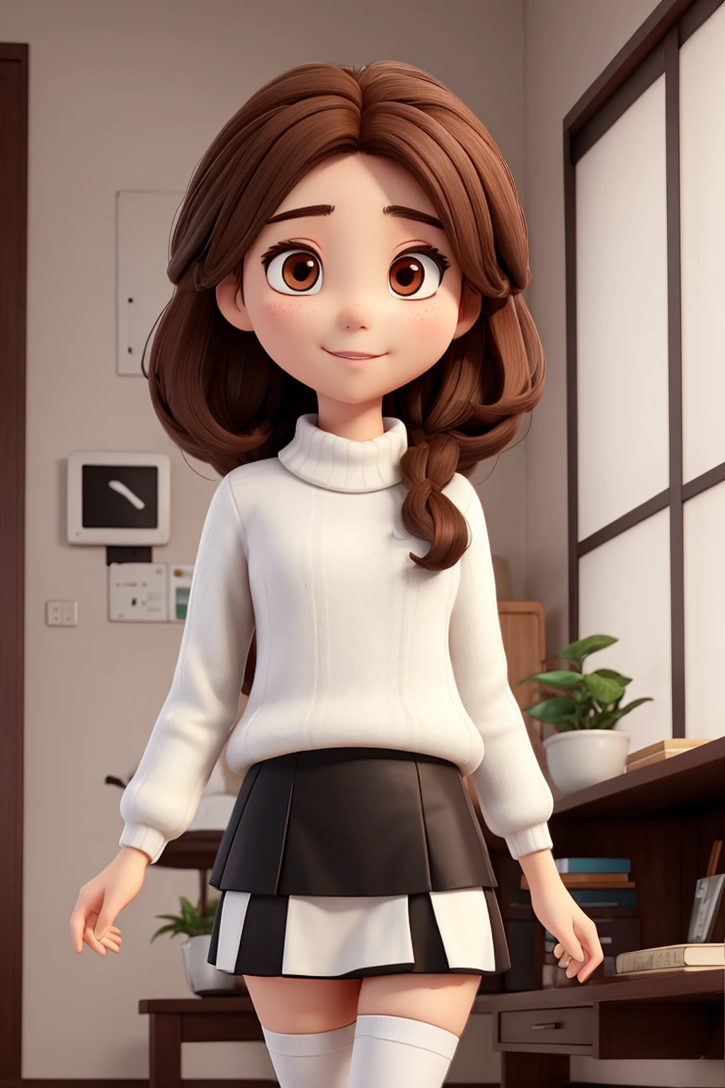 Korean woman whit Brown hair, a white sweater, black skirt, White high thigh socks and black heels