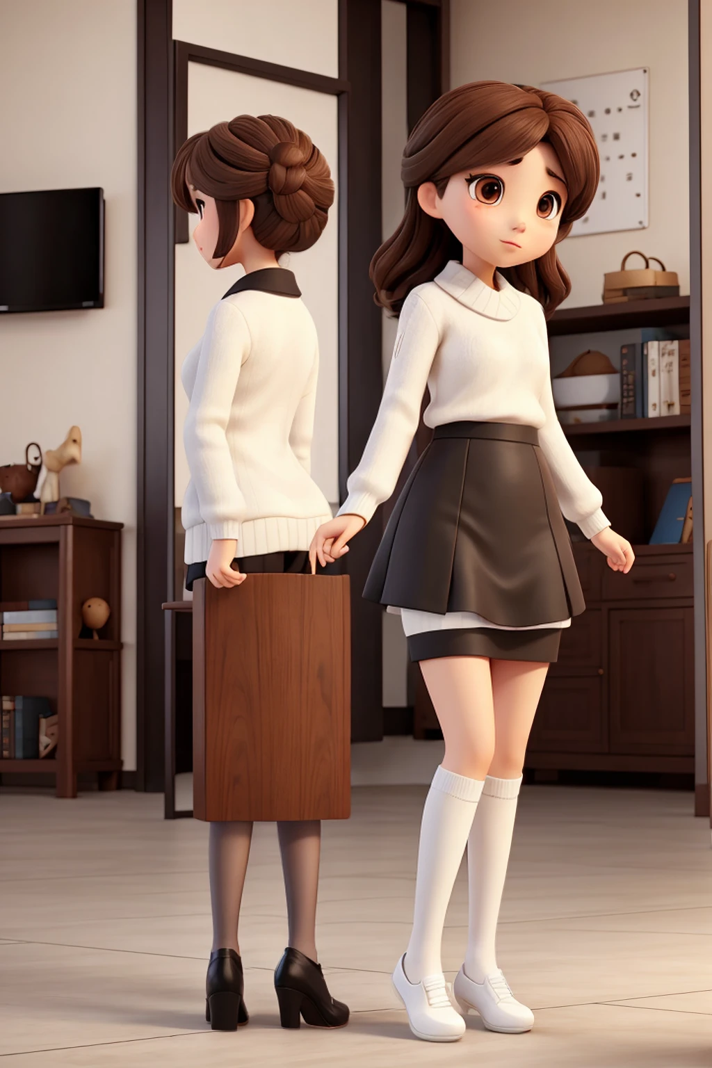 Korean woman whit Brown hair, a white sweater, black skirt, White high thigh socks and black heels