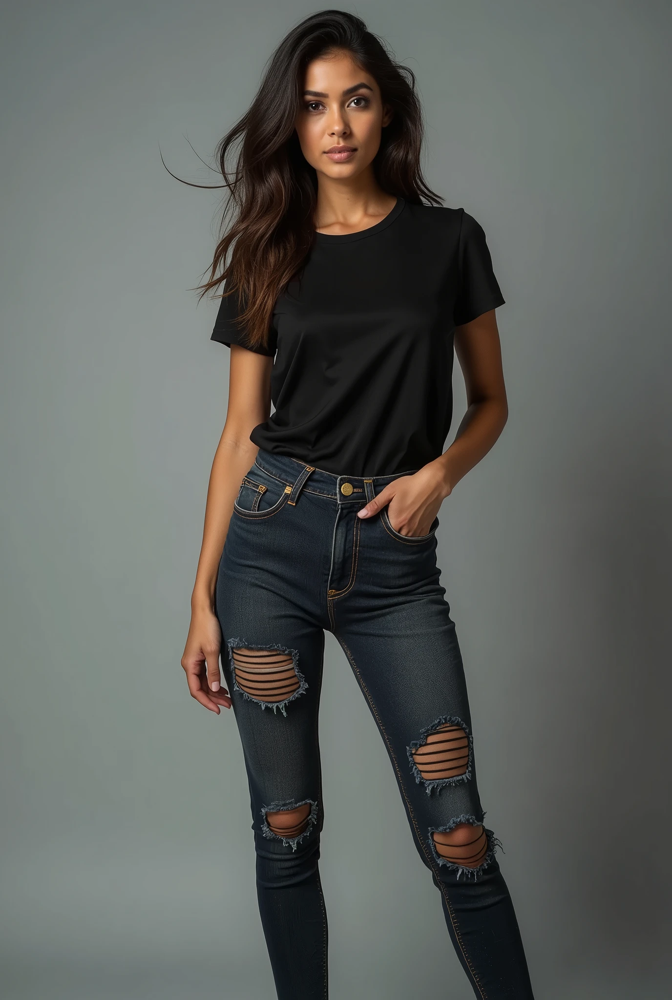 beautiful sexy latin woman, standing straight facing forward, with black t-shirt, ripped denim jeans pants, on a greyish background, cotton t-shirt texture, fitted t-shirt, round neck, striped tights. Medium camera shot.