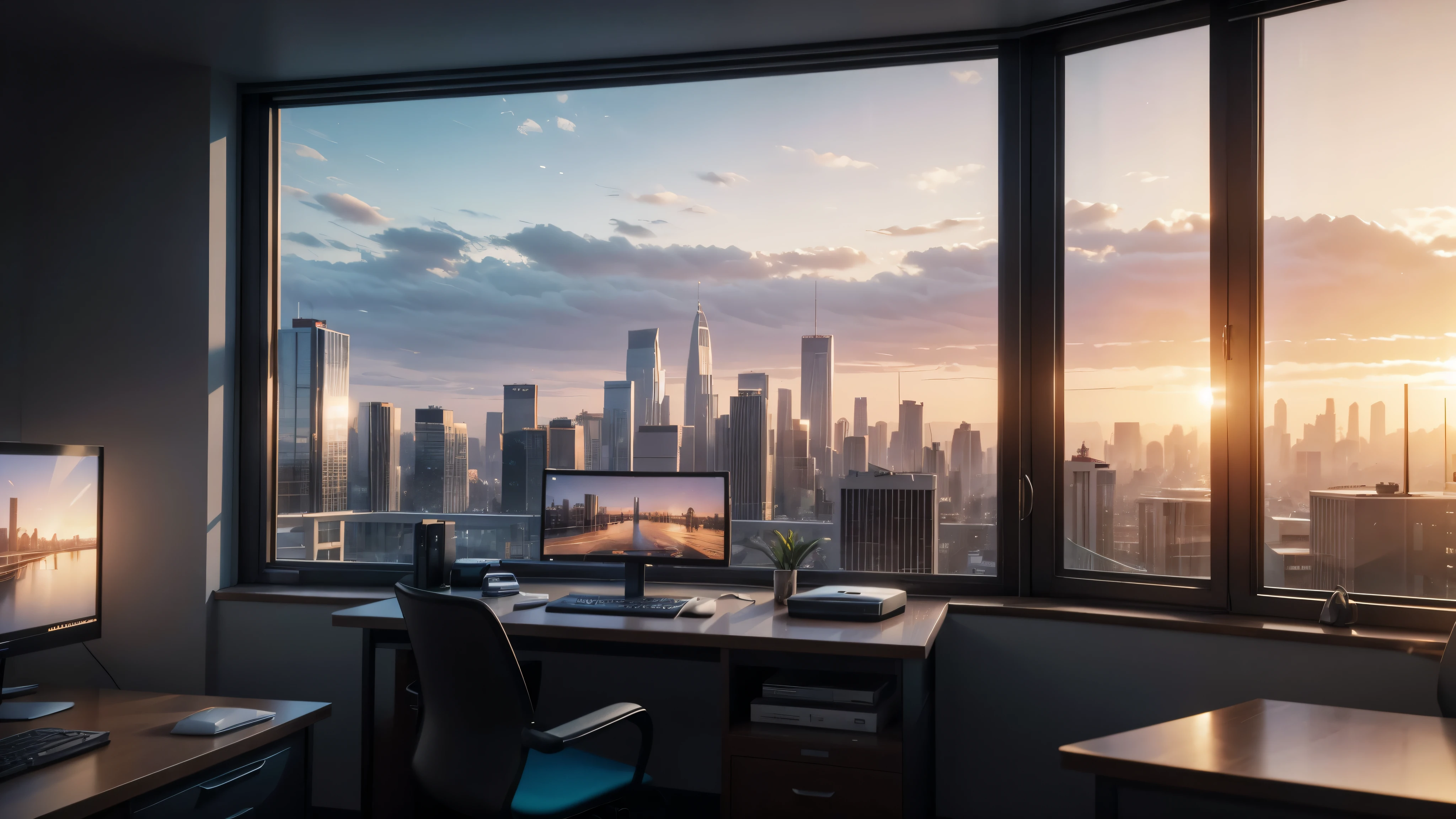 arafed view of a city from a window with a desk and chair, a computer rendering inspired by Beeple, shutterstock, computer art, 8k computer render, vray 8k render, lumion 8 k uhd, realistic 8k render, large computer monitor, 8k vray render, 8k hdr sunset lit