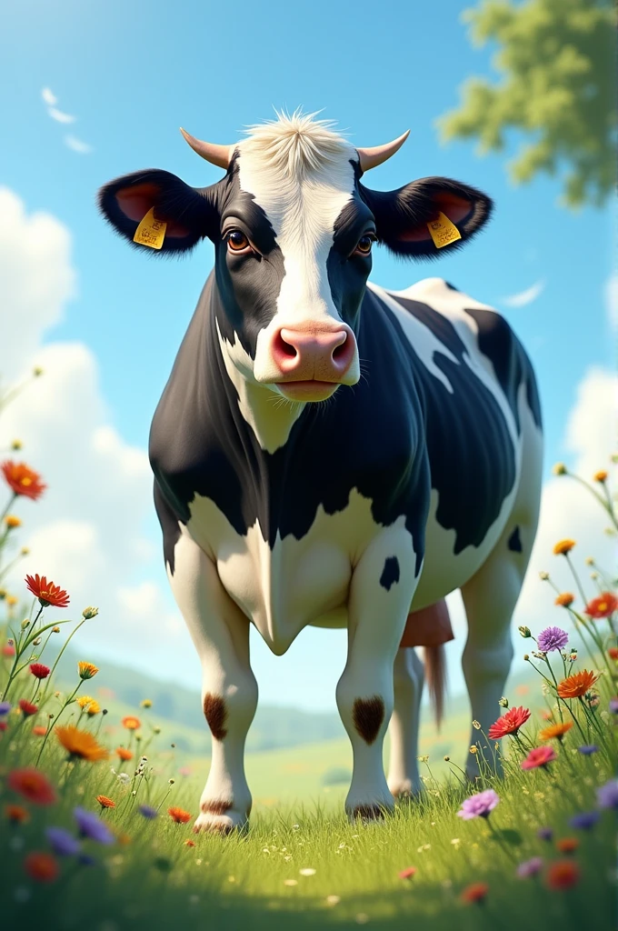 "A majestic cow standing gracefully in a lush green meadow, with a clear blue sky in the background. The cow has a glossy, well-groomed coat with distinctive patterns, such as white patches on a black or brown body. Its large, expressive eyes convey a sense of calm and serenity. The cow’s strong, sturdy build is accentuated by a gentle pose, as it stands or grazes peacefully in the sunlit field, surrounded by vibrant wildflowers and tall grass swaying in the breeze."