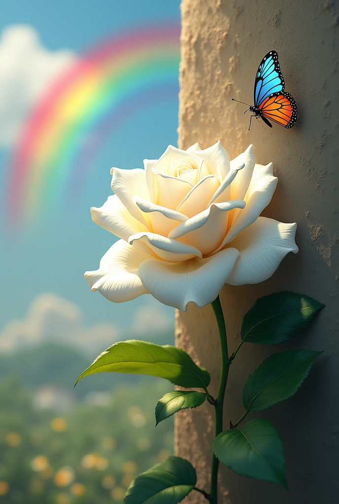 White Rose flower on wall with butterfly and rainbow