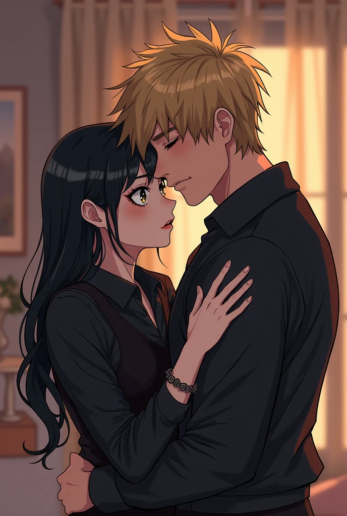 A very cute goth femboy boy with his strong blond boyfriend, they are very much in love with each other, The two spend a lot of time together and like to cuddle all the time., they are both approximately 2, the femboy boy is very much in love, Image made with anime lines
