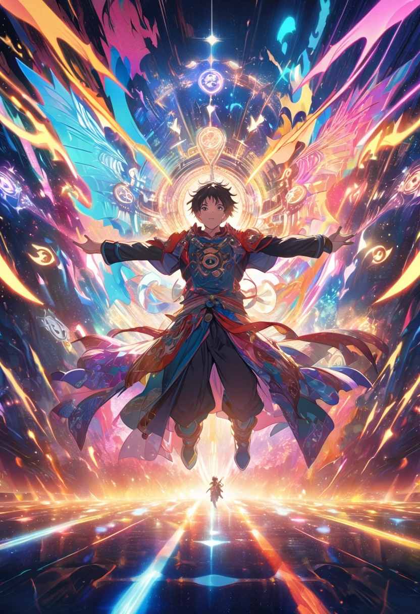 Anime boy surrounded colorful energy, floating in the air with arms outstretched, symmetrical composition, vibrant colors, in the style of anime, time travel theme background with ancient symbols and glowing lights, fantasy illustration, high resolution, detailed textures of light effects, dynamic lighting