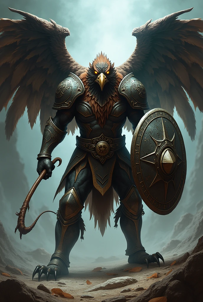 
monstrous transformation in pain of an darker were eagle man for a full plate character of pathfinder who weilding a whip and a shield