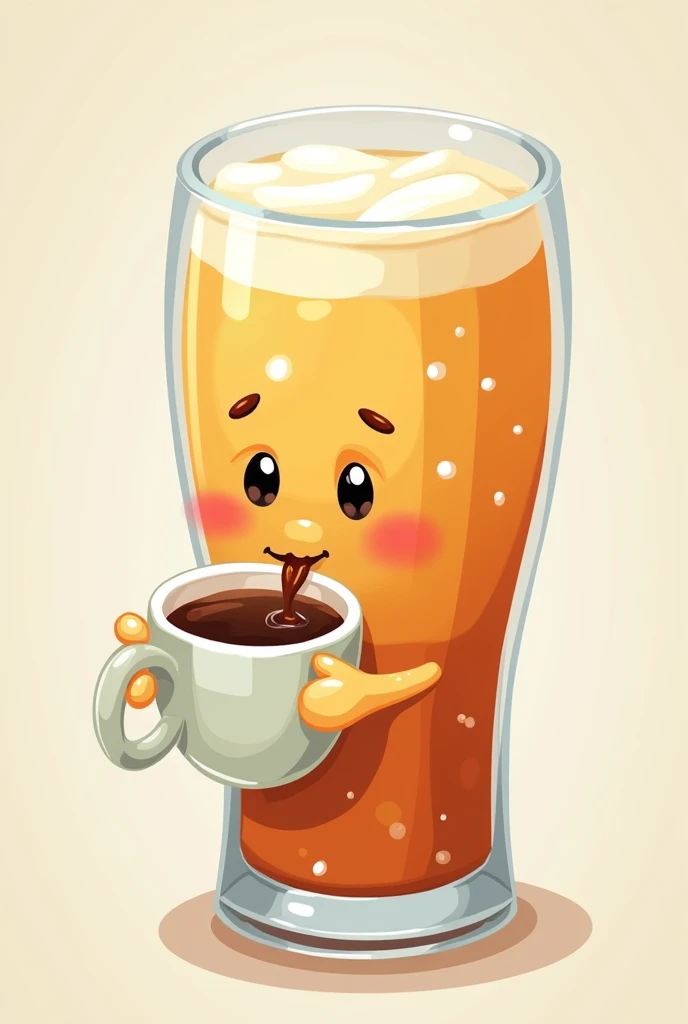 Glass of soda drinking coffee, caricature type, that looks a little tender