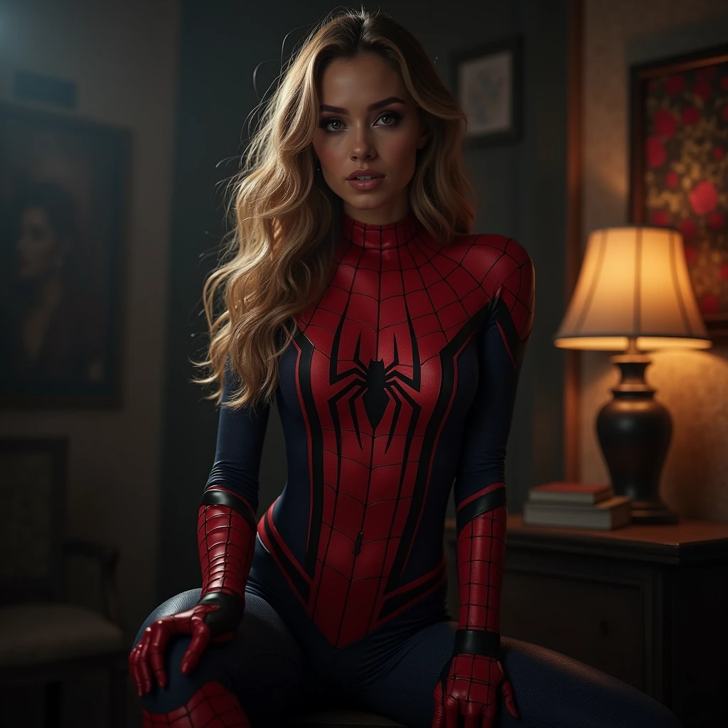 Woman , wearing spiderman clothes , long hair , extremely beautiful , sultry posing