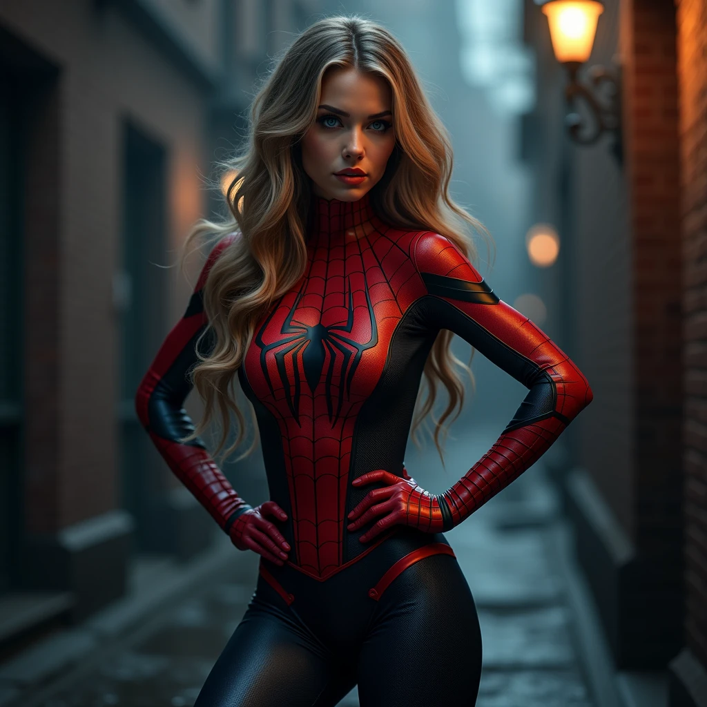 Woman , wearing spiderman clothes , long hair , extremely beautiful , sultry posing