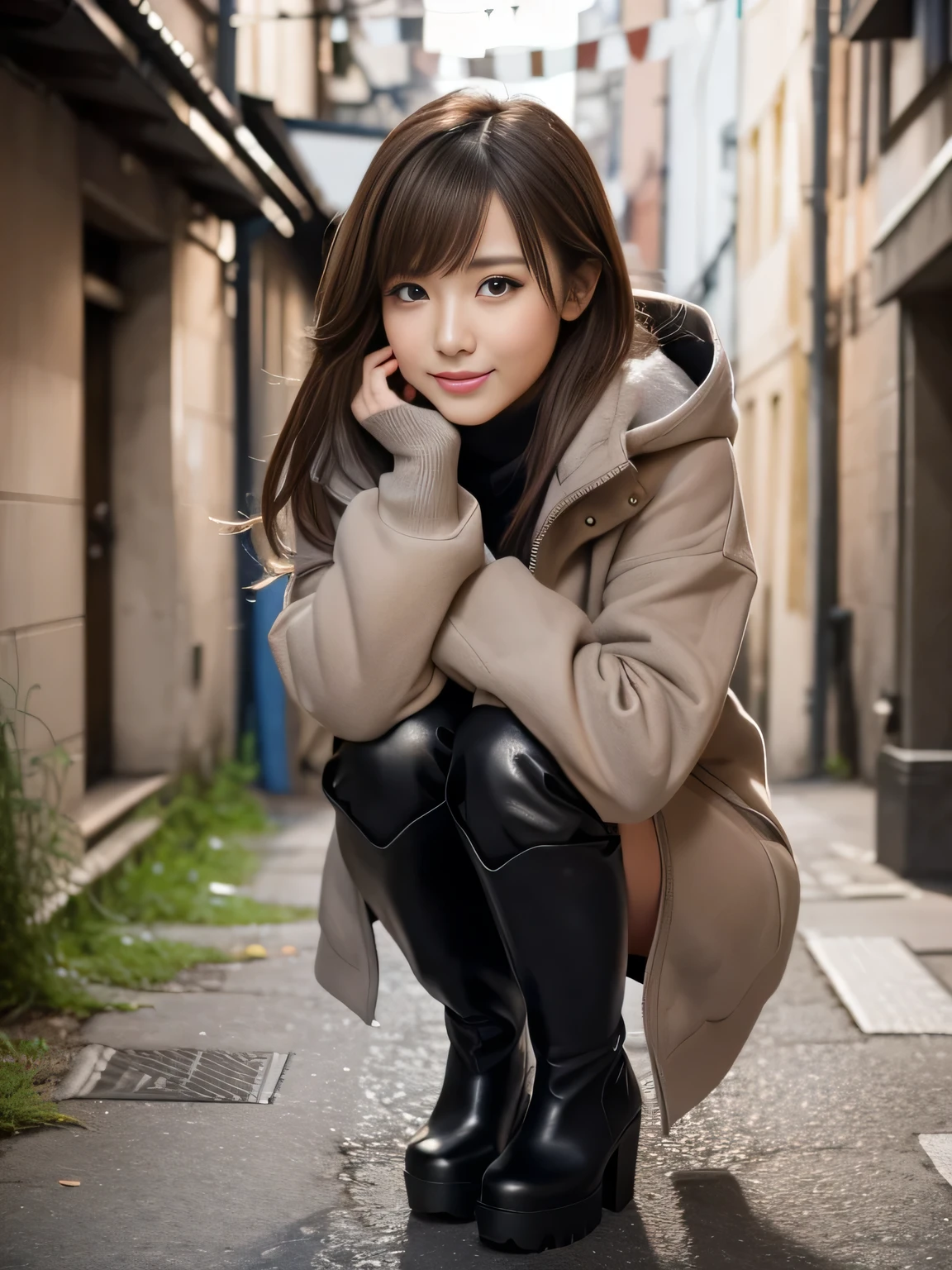 (masterpiece), (best quality, ultra-detailed, hyperdetailed, realistic), sharp features, highly detailed, sharp focus, Realistic, Photorealistic:1.3, perfect face, perfect symmetrically eyes, perfect lips, (no makeup), hyper detailed, hyper realistic, high resolution, Japanese model posing in a back alley, Fashion Model, (19yo:1.3), Slender, brown hair, Stylish, Beautiful Face, light brown hair, messy hair, diagonal bangs, (seductive smile), (looking at viewer), cinematic lighting, blurred background, be photographed from the top of one's knees up,
BREAK,
(black boots and a gray coat, wearing an oversized hoodie), (high boots, knee-high boots, over-knee boots, leather boots, platform boots),