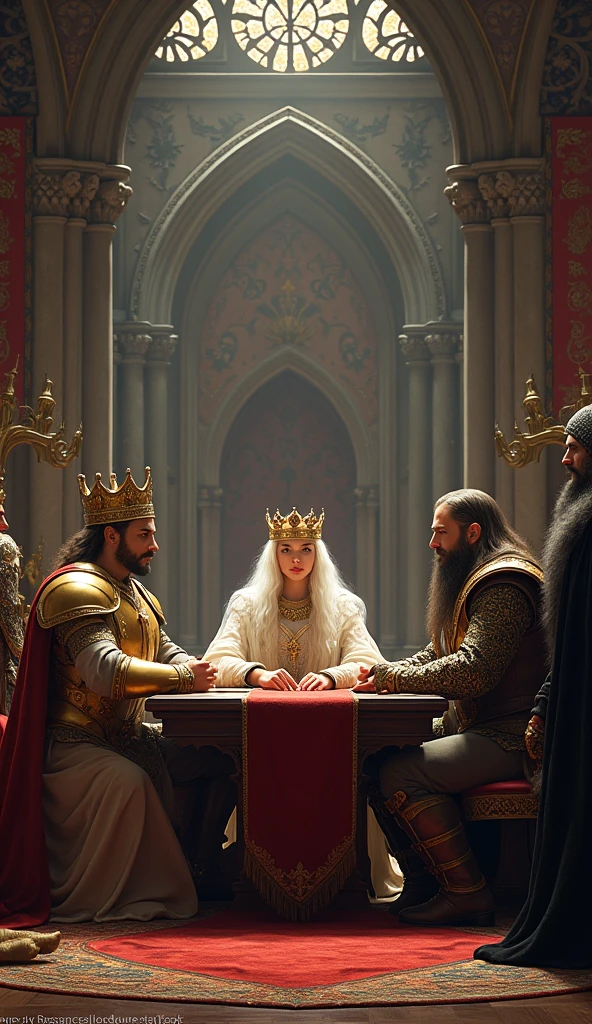Show a scene in a large medieval courtroom, with King Arlock in golden armor and crown , Queen Ailith of the elves dressed in her white cloak and her wizard&#39;s staff and King Thorin of the dwarves a dwarf king in his bronze armor dressed in his bronze armor sitting around a negotiating table, discussing the alliance between their kingdoms. The costumes are detailed and realistic, reflecting the culture and status of each monarch