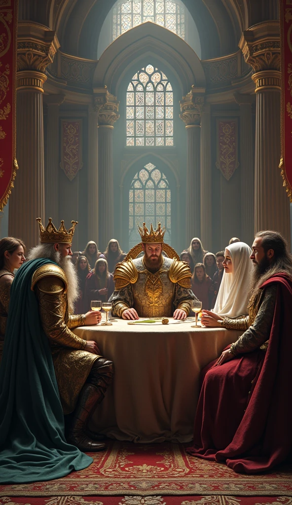 Show a scene in a large medieval courtroom, with King Arlock in golden armor and crown , Queen Ailith of the elves dressed in her white cloak and her wizard's staff and King Thorin of the dwarves a dwarf king in his bronze armor dressed in his bronze armor sitting around a negotiating table, discussing the alliance between their kingdoms. The costumes are detailed and realistic, reflecting the culture and status of each monarch