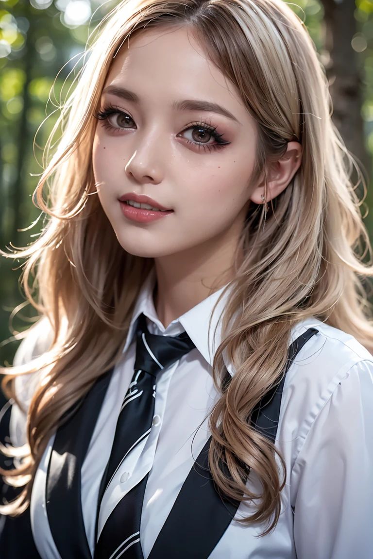 Realistic, masterpiece, Highest quality, Highest Resolution, Attention to detail, Soft Light, Professional Lighting, Backlight, Film Grain, The background is blurred, Japanese , (The subject was photographed from above at an angle, Model is not looking at the camera:1.3), , Upper body photo, Looks sleepy, inattention, Grin, Open your mouth, Beautiful and detailed eye drawing, (Droopy eyes:1.3), Dark Eyes, Thin eyebrows, Draw eyelashes carefully, Eyelash extensions, Gal Makeup, Orange Cheeks,  (White brown wavy hair, Long Hair, Tie your hair back, middle part:1.3), (Hidden eyelid wrinkles:1.3), (Gothic uniform:1.2), (Summer Forest:1.3), (Face close-up:1.2)