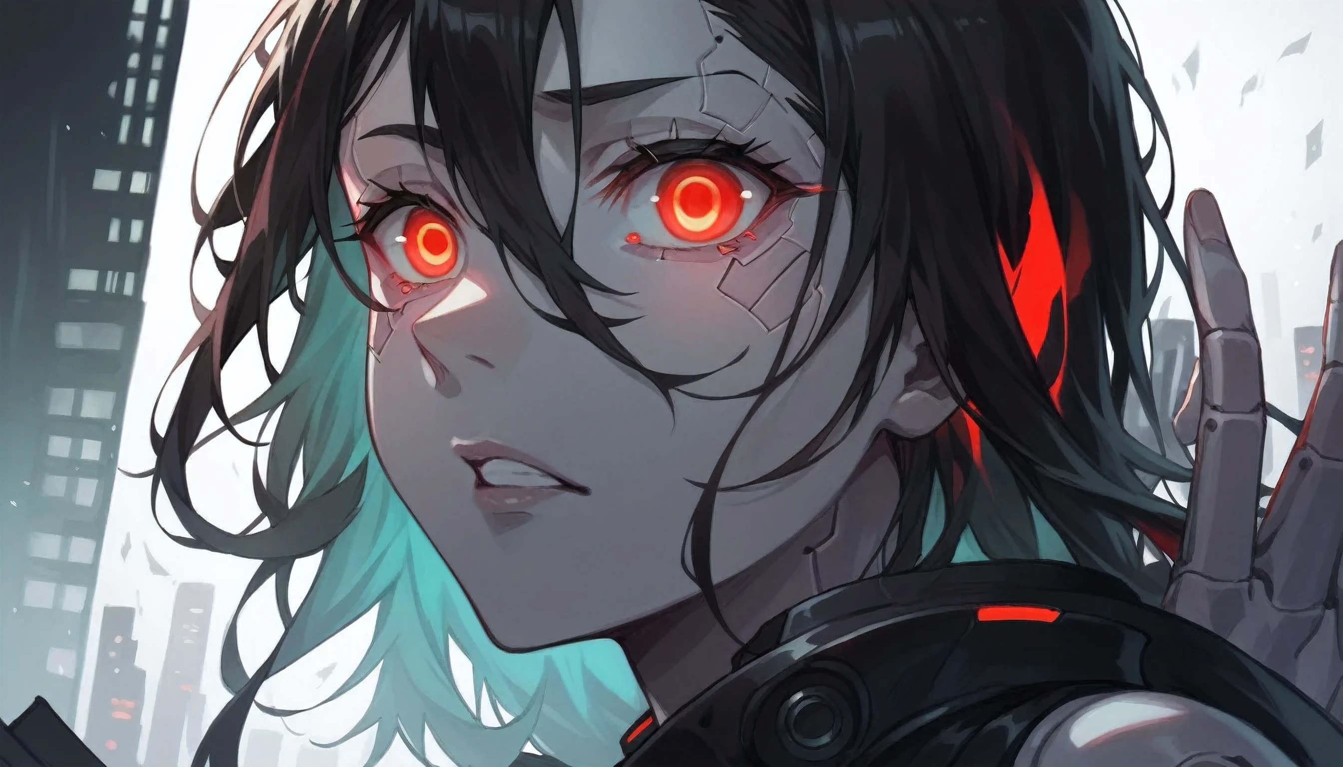 anime girl with red eyes and black hair in a city, with red glowing eyes, with glowing red eyes, anime cyberpunk art, detailed digital anime art, red eyes glowing, cyberpunk anime art, digital cyberpunk anime art, glowing red eyes, red glowing eyes, intense watery glowing red eyes, fully red eyes, luminous red eyes, with red eyes