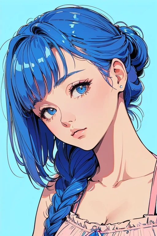 (Highest quality:1.2, City Pop Style, Very detailed, up to date, Vibrant, High Contrast, masterpiece:1.2, Highest quality, Best aesthetics), girl, ((Face Up Shot:1.4)), Blue Hair, Loose perm, Braid, pastel colour, ((Retro, Vintage, Plain background))