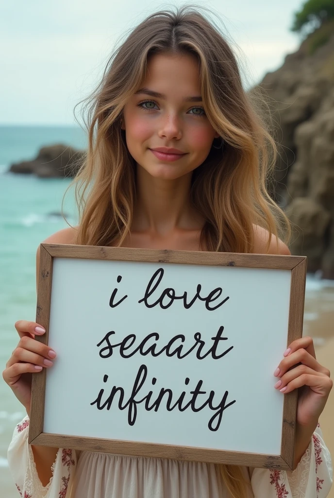 Beautiful girl with wavy long hair, bohemian dress, holding a white board with text "I Love Seaart Infinity" and showing it to the viewer
