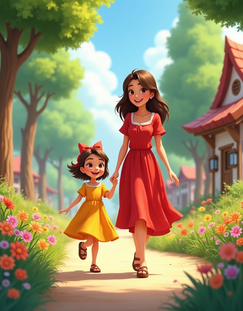 A girl in a yellow dress, loose brown hair, con lazo rojo en la cabeza y brown sandals, and her mom in a red dress, brown sandals, loose brown hair, walking to the park. The girl is excited and smiling, with trees and many colorful flowers, pink, abodes, orange and green around.