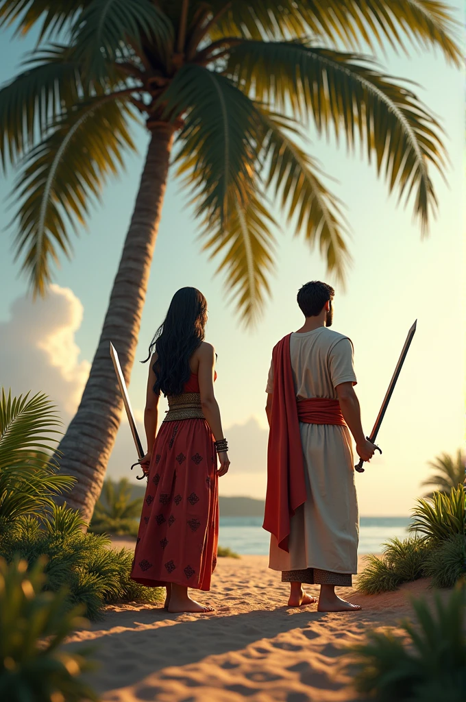 3D drawing of Deborah and Barack with their sword under a coconut tree before going into battle Biblical times