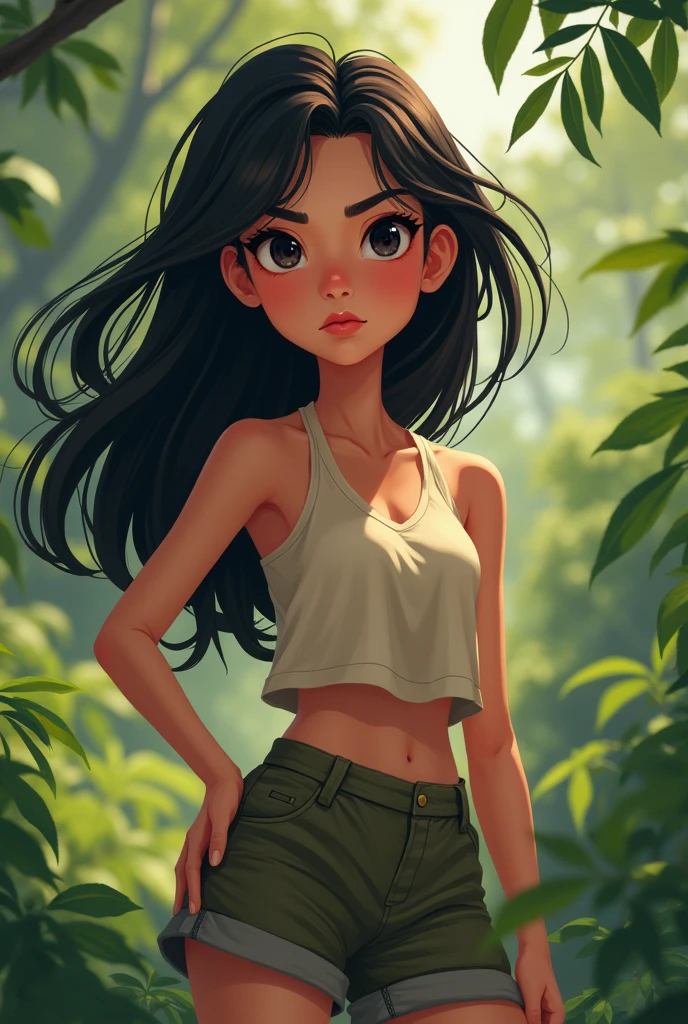 She is a girl who likes nature, she likes free style and aesthetics. She style is fierce. She symbolizes a woman with a high IQ and of course she is beautiful, with black eyes . Make it in animated form
