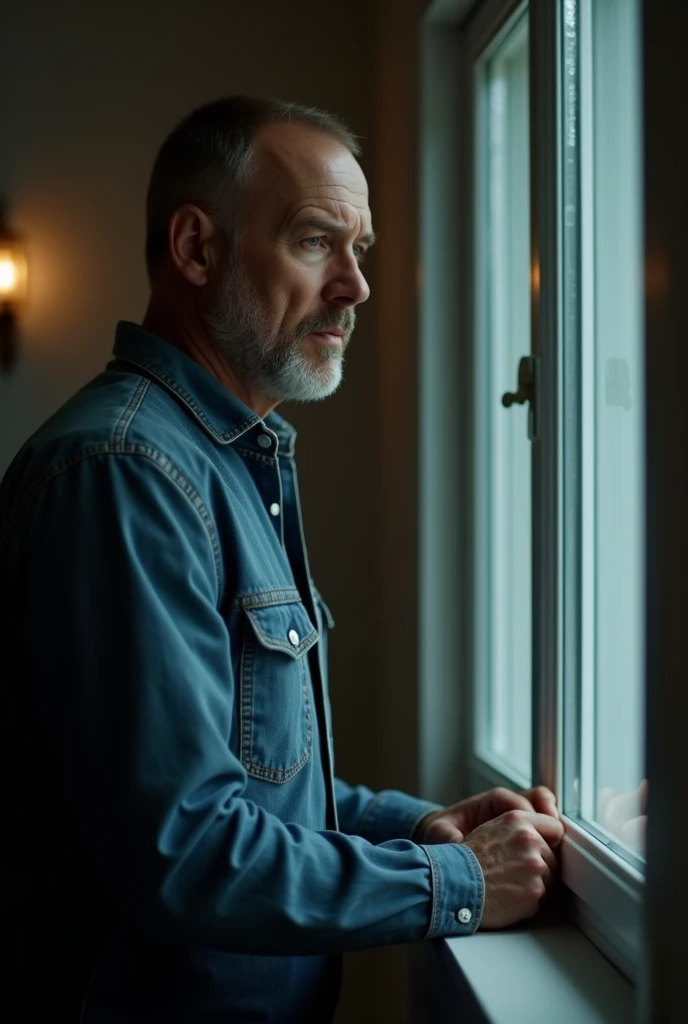 a tender moment of revenge, a white skin husband in his mid-30s, with gentle facial features with no hairy beard on face, white skin tones, and standing looking outside the window, the husband's light brown hair neat combed, he wears comfortable, earthy-toned clothing, the husband's faded blue denim shirt, conveying a sense shocked, the background is dim, the entire scene radiating panic, suspicious and scared.